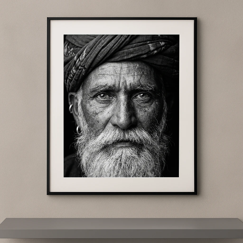 Tableau portrait noir et blanc en gros plan d’un homme âgé portant un turban et une longue barbe blanche