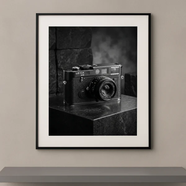 Tableau noir et blanc d’un appareil photo Leica M6 posé sur un socle minéral