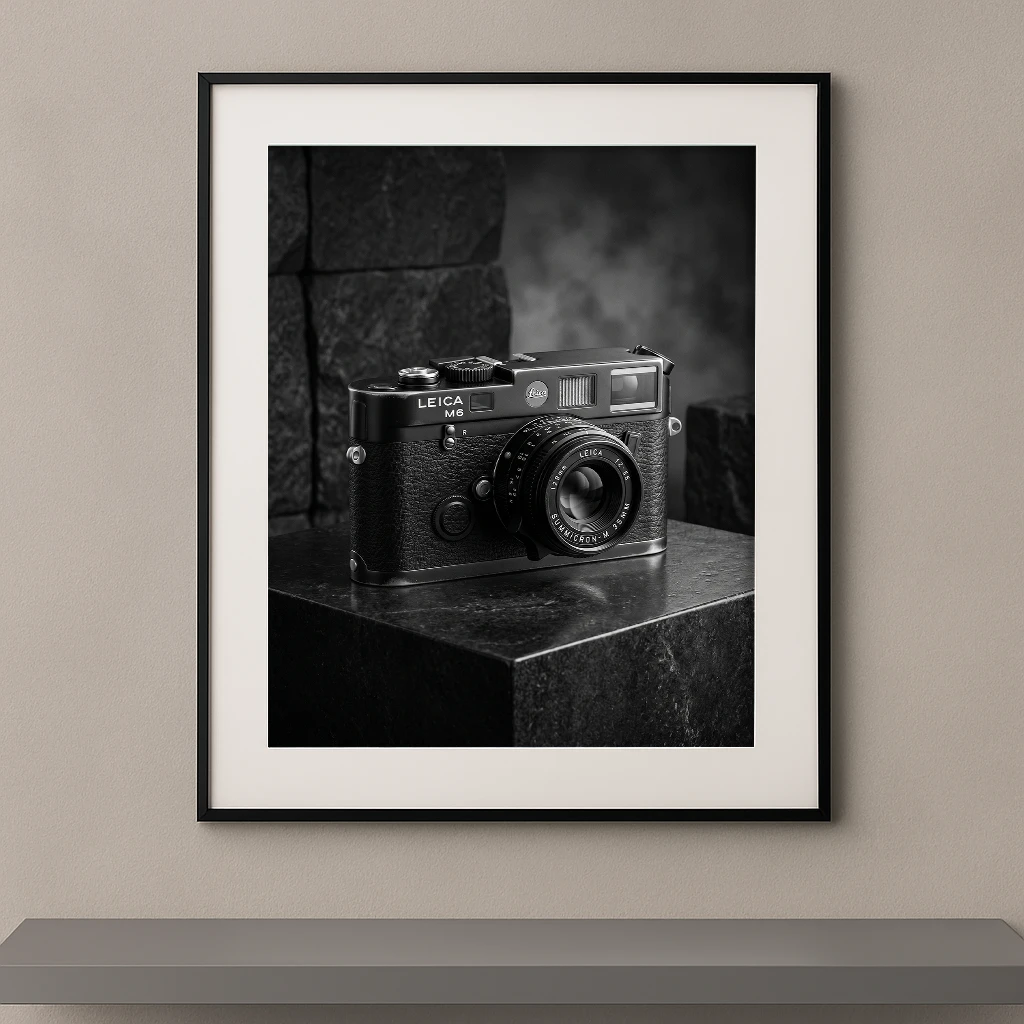 Tableau noir et blanc d’un appareil photo Leica M6 posé sur un socle minéral