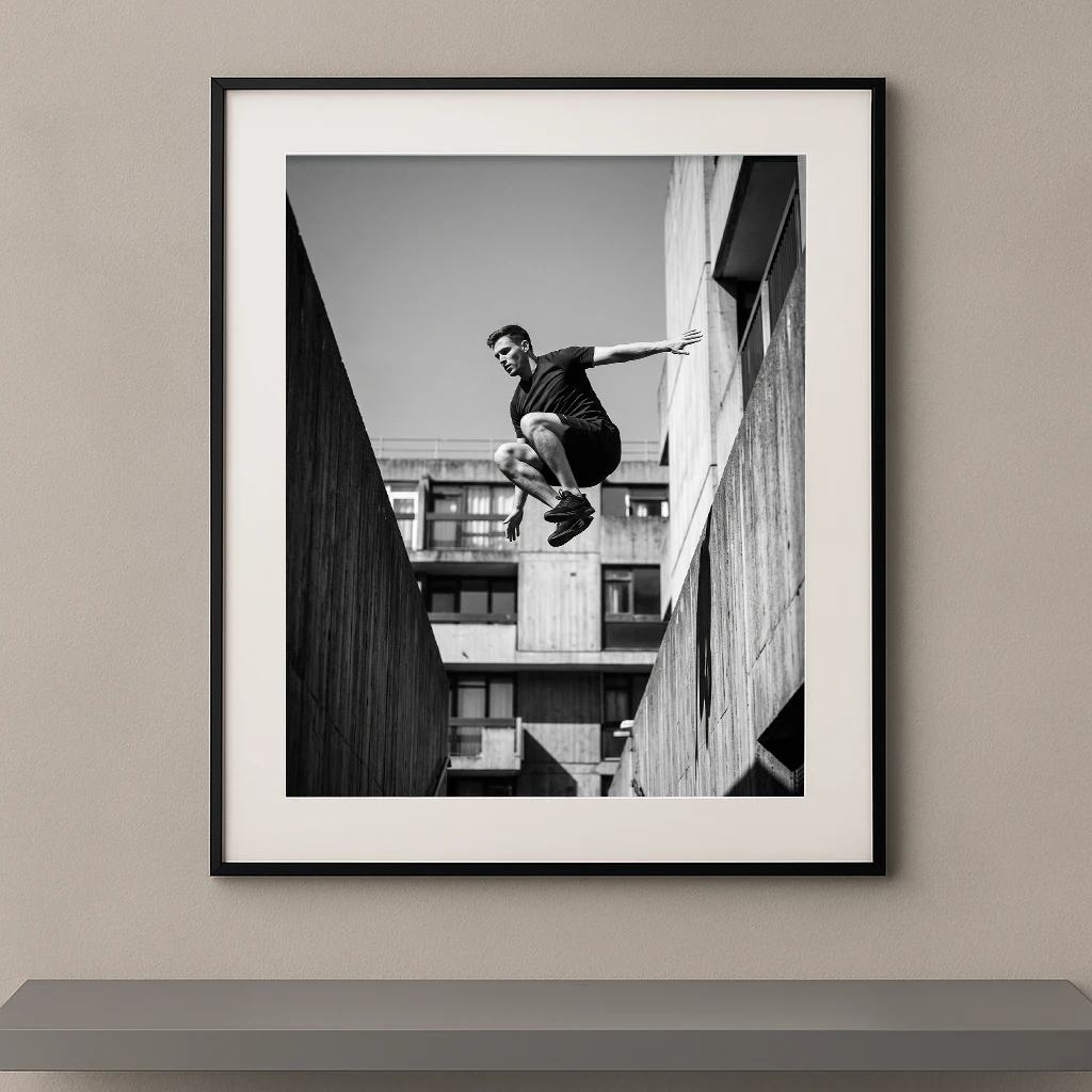 Tableau noir et blanc d’un athlète de parkour en plein saut entre deux structures urbaines