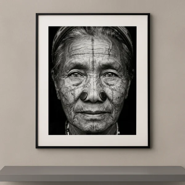 Tableau portrait noir et blanc en très gros plan d’une femme âgée portant des ornements faciaux traditionnels