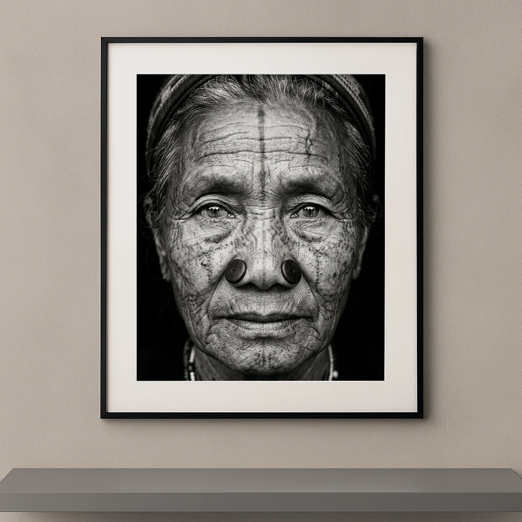 Tableau portrait noir et blanc en très gros plan d’une femme âgée portant des ornements faciaux traditionnels