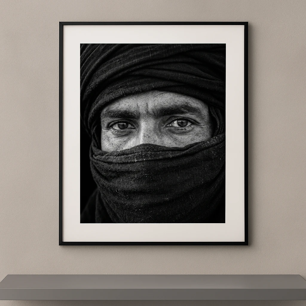 Tableau portrait noir et blanc en très gros plan d’un homme Touareg dont seuls les yeux sont dévoilés