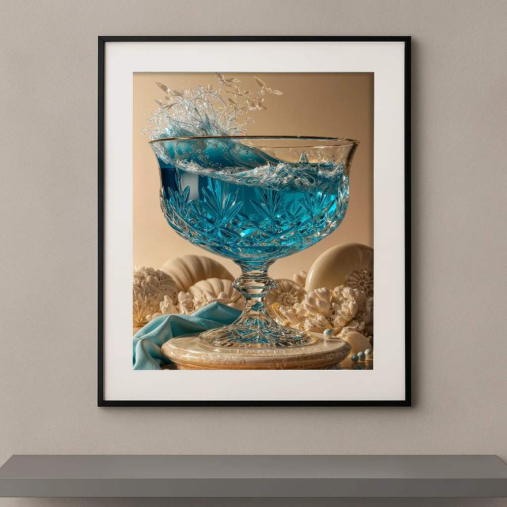 L’Éclat Azur, coupe en cristal remplie d’eau bleue avec une éclaboussure