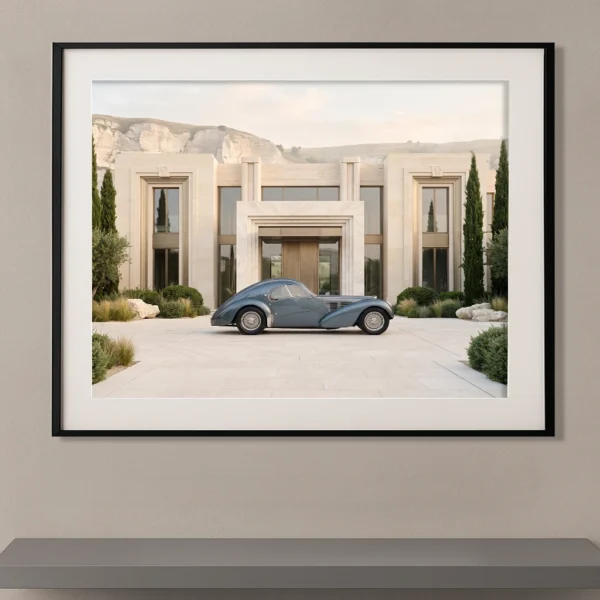 Bugatti Type 57SC Atlantic bleu graphite stationnée devant une résidence contemporaine inspirée de l'Art Déco, photographie Fine Art.