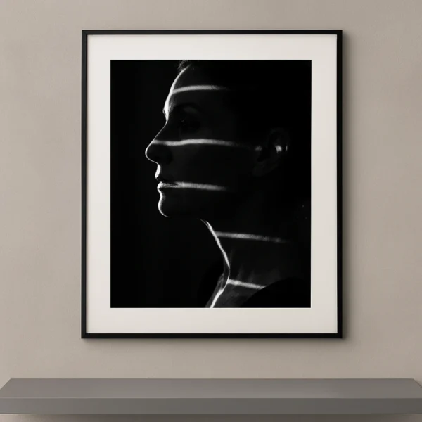 Tableau portrait noir et blanc d’une femme de profil traversée par plusieurs lignes de lumière