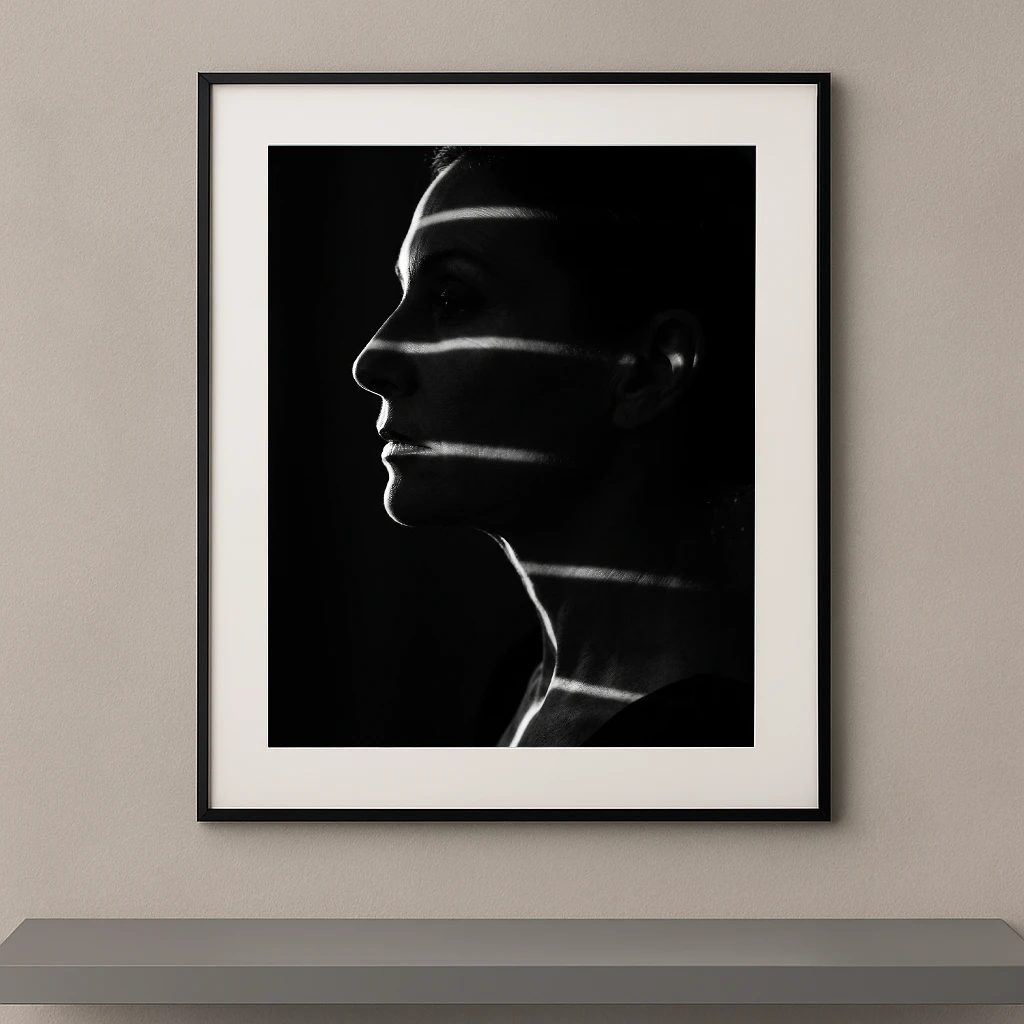 Tableau portrait noir et blanc d’une femme de profil traversée par plusieurs lignes de lumière