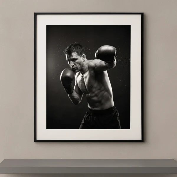 Tableau noir et blanc d'un boxeur délivrant un puissant coup de poing