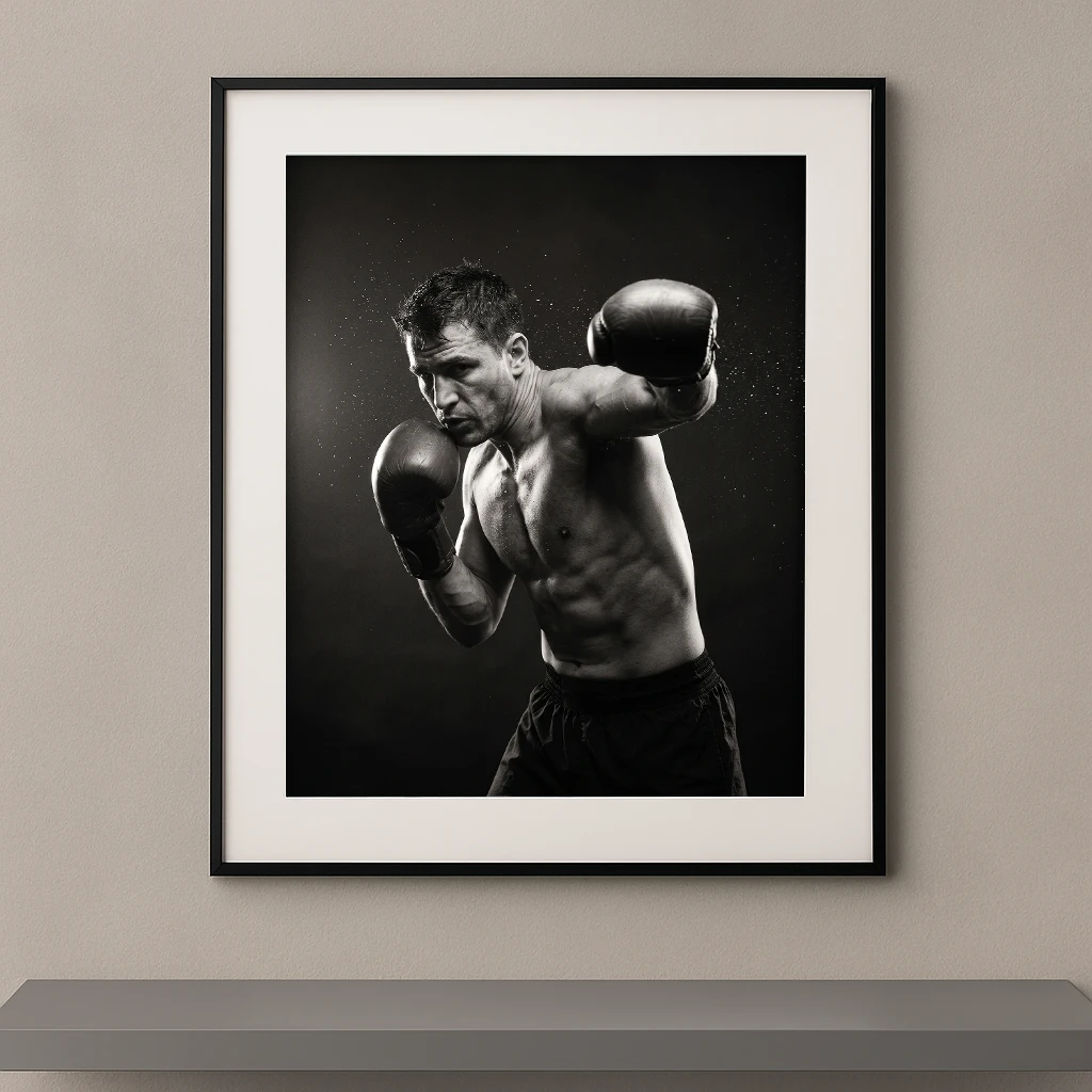 Tableau noir et blanc d'un boxeur délivrant un puissant coup de poing