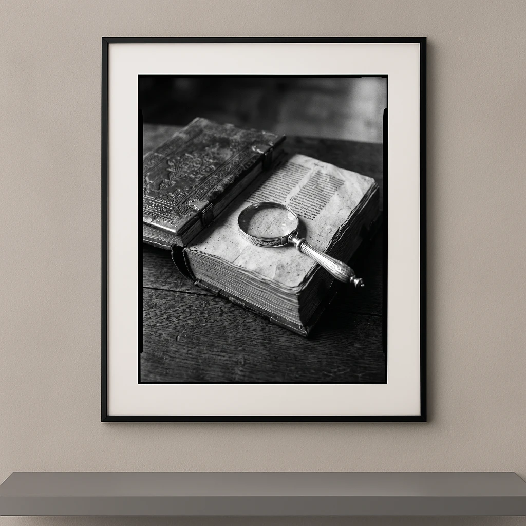 Tableau noir et blanc d'un livre ancien ouvert avec une loupe en argent