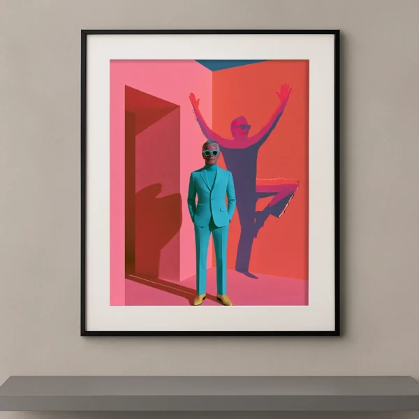 L’Ombre Libérée, homme en costume turquoise devant une grande ombre dansante