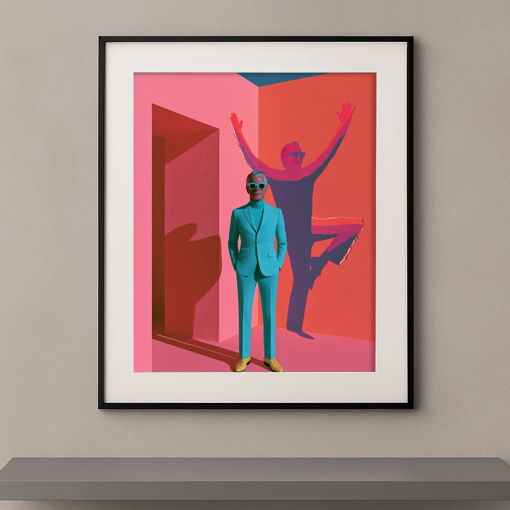 L’Ombre Libérée, homme en costume turquoise devant une grande ombre dansante