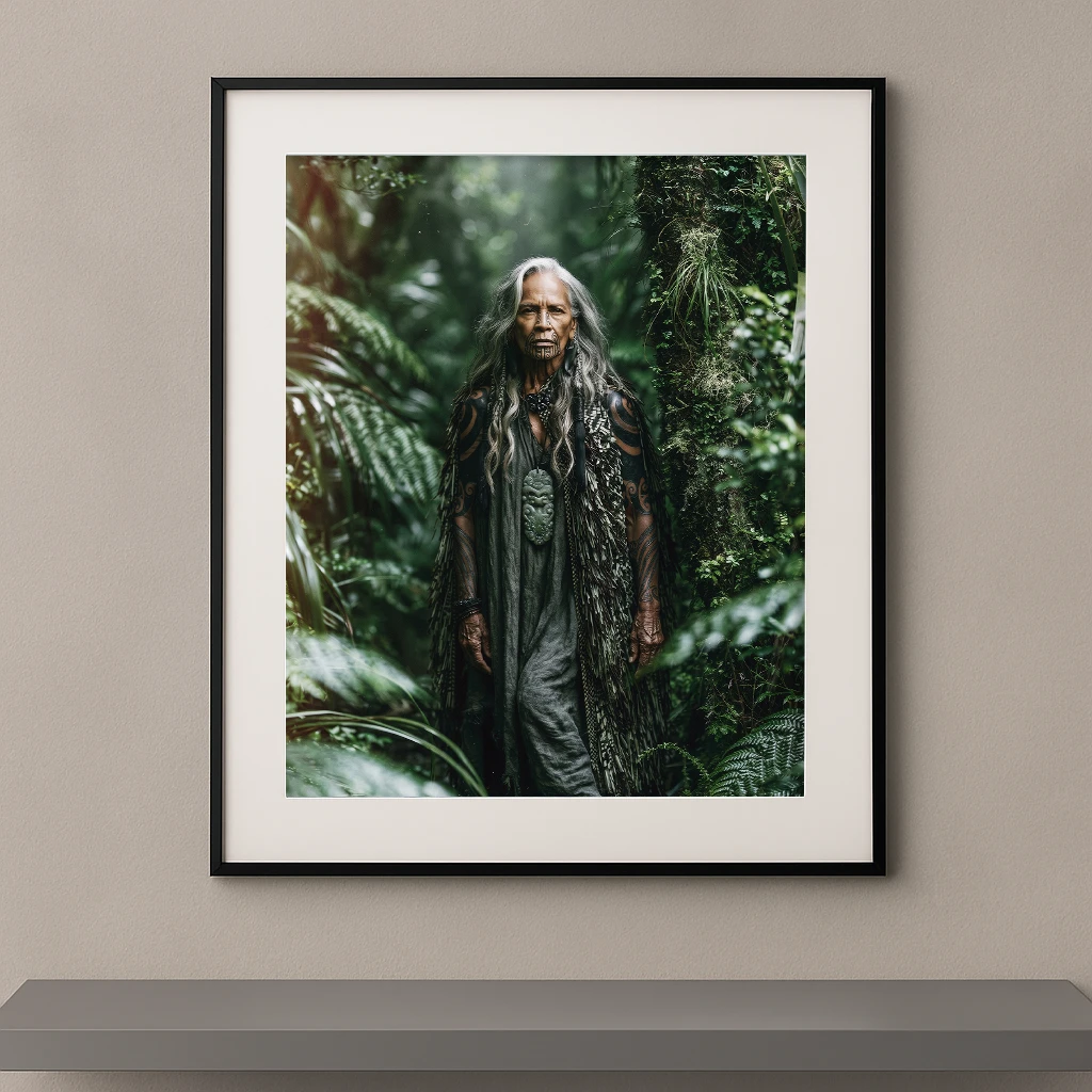 Portrait Fine Art d'une femme aux tatouages rituels se tenant au cœur d'une forêt tropicale luxuriante, collection Corps Peints de Graphic Avenue.