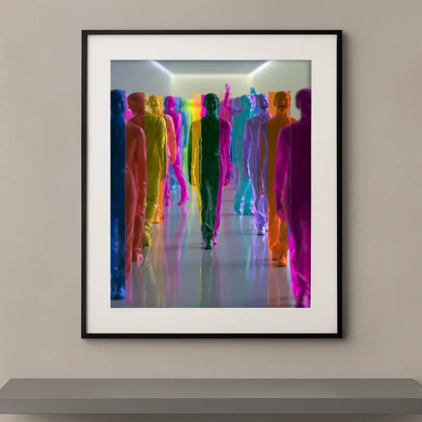 La Foule Chromatique, groupe de silhouettes multicolores avançant dans un espace contemporain