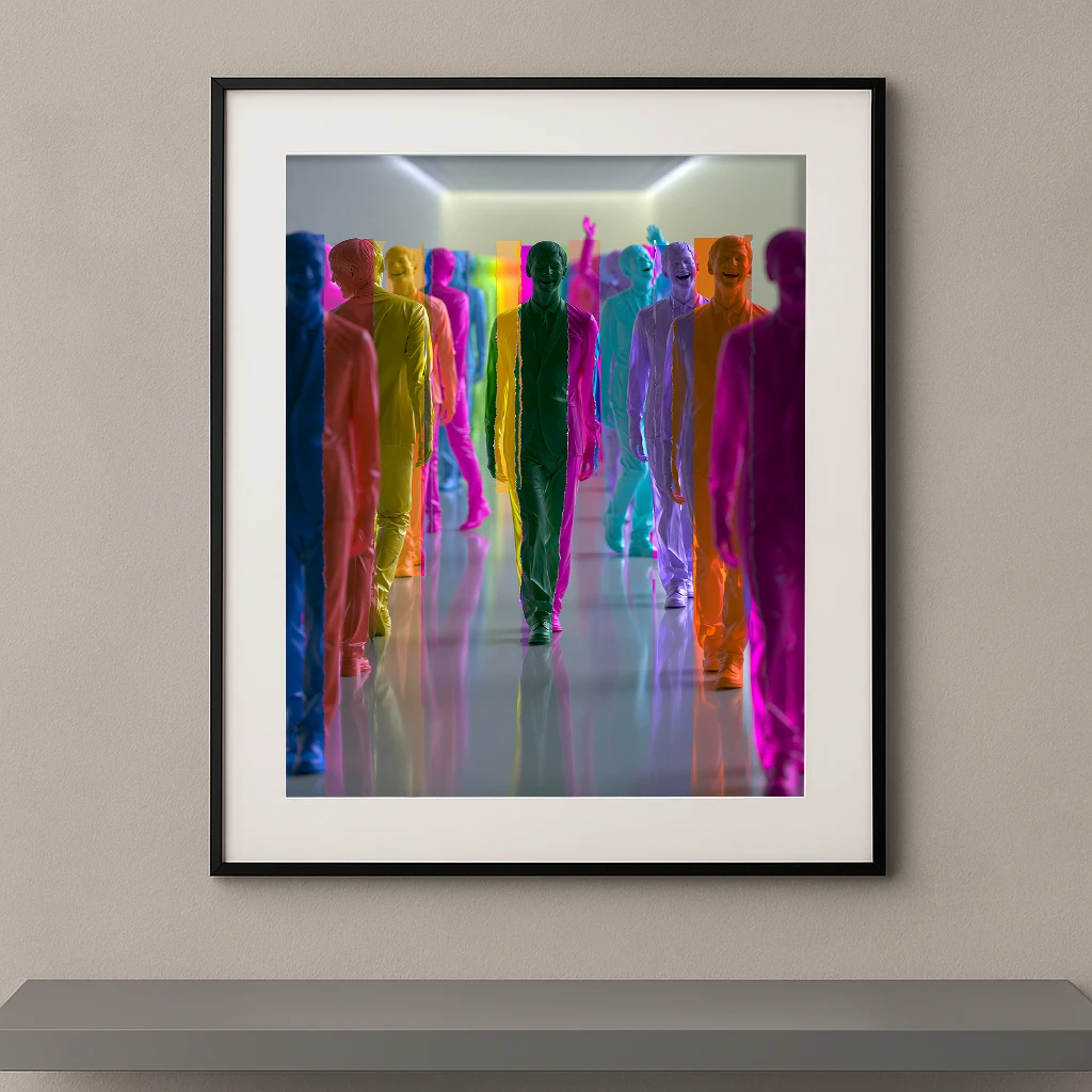 La Foule Chromatique, groupe de silhouettes multicolores avançant dans un espace contemporain