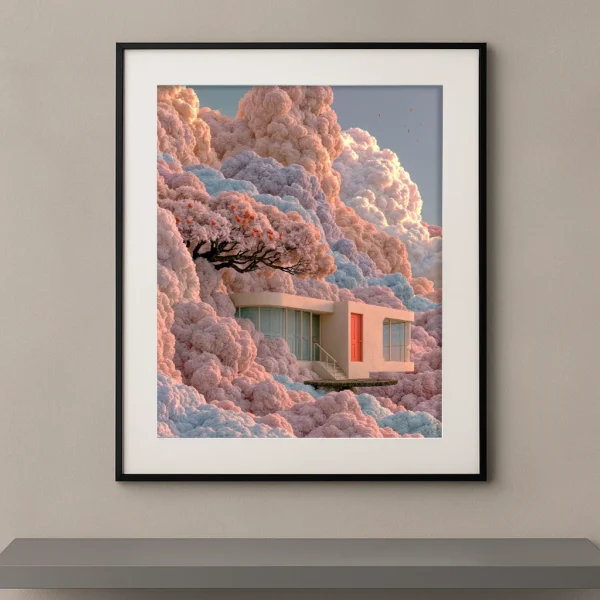 La Maison des Nuages Roses, maison moderne entourée de nuages pastel et d’un arbre fleuri
