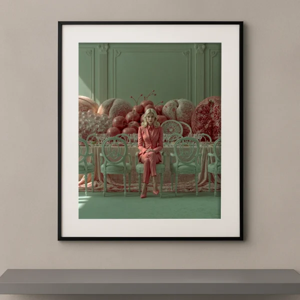Le Banquet des Cerises, femme en tailleur rose devant un banquet surréaliste vert sauge