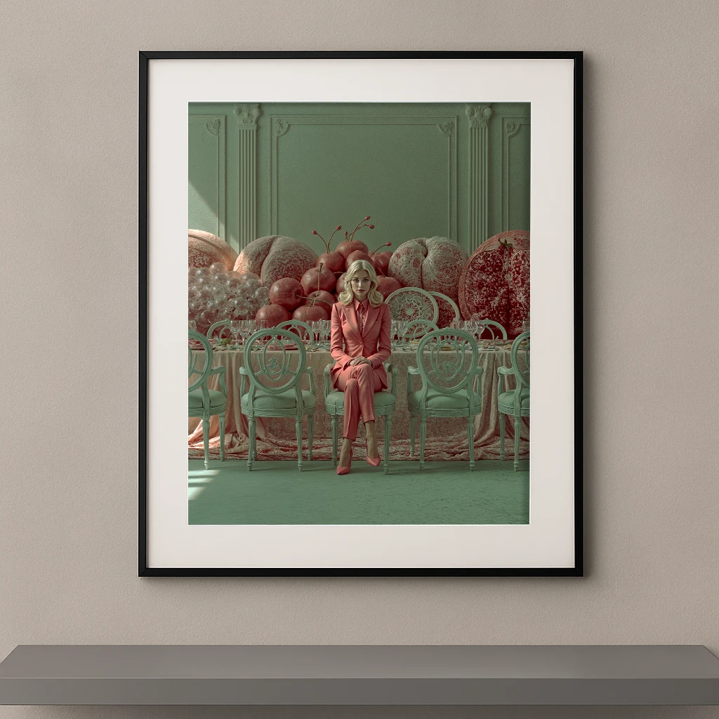 Le Banquet des Cerises, femme en tailleur rose devant un banquet surréaliste vert sauge