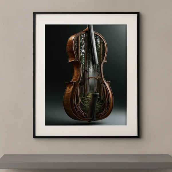 Le Chant des Racines, violoncelle ouvert révélant une forêt profonde et des racines