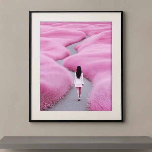 Le Chemin Rose, femme marchant sur un sentier au milieu d’un paysage végétal rose pastel