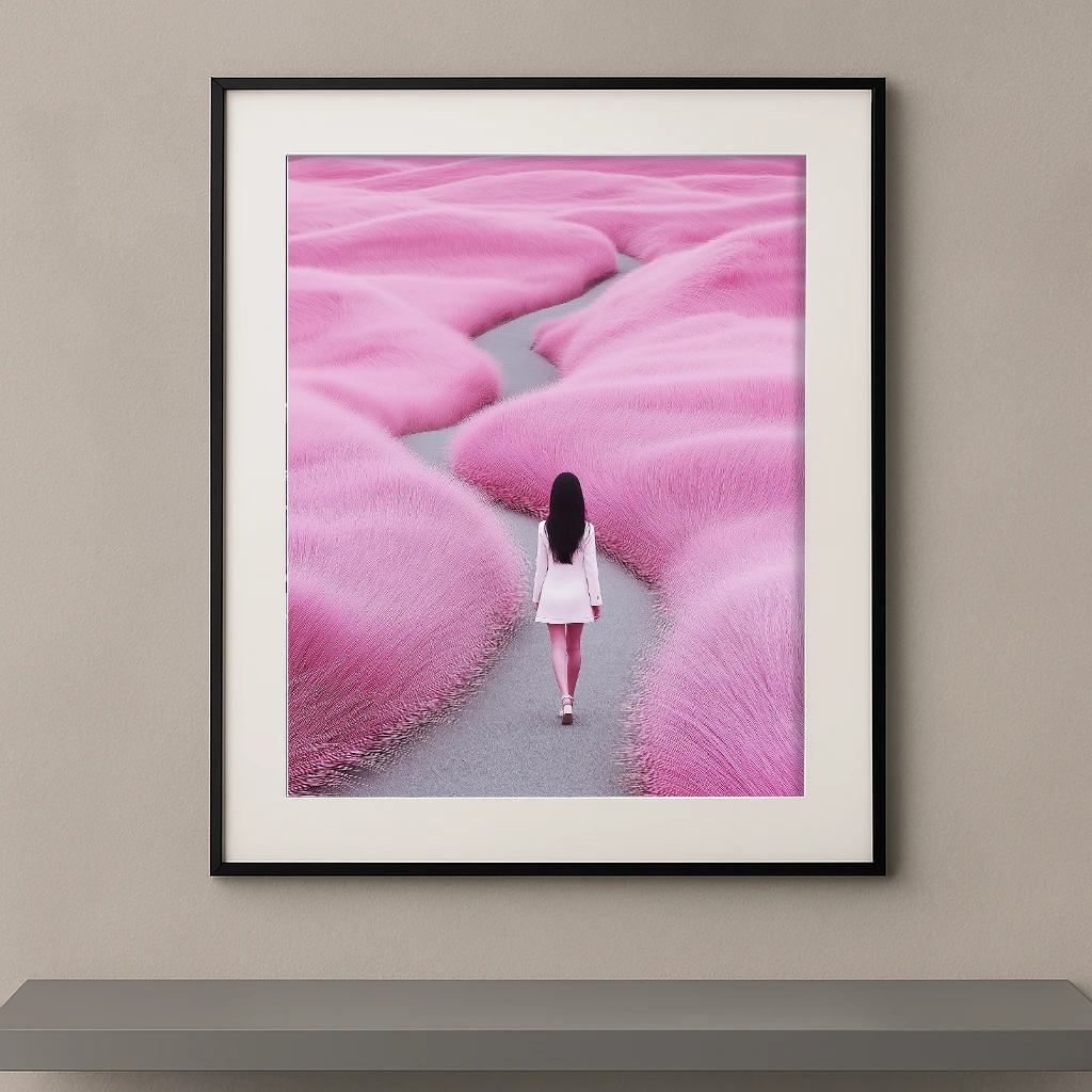 Le Chemin Rose, femme marchant sur un sentier au milieu d’un paysage végétal rose pastel