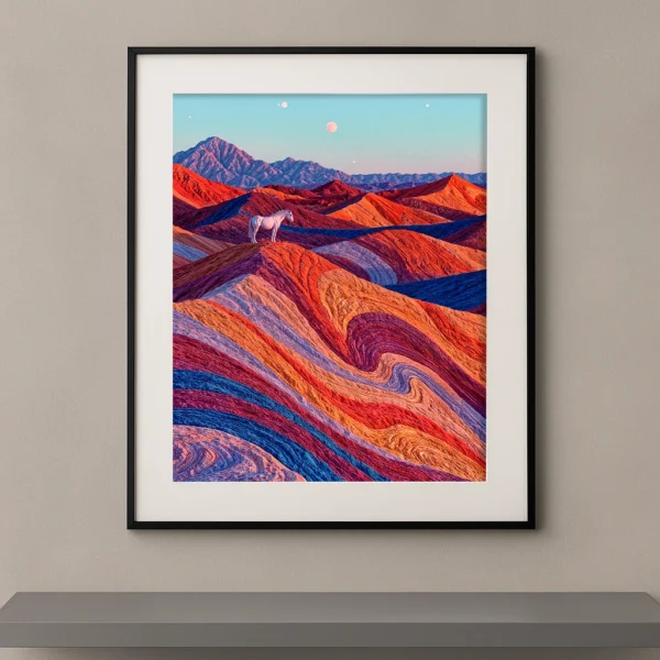 Le Cheval des Dunes Chromatiques, cheval blanc solitaire dans un désert rouge orange violet et bleu