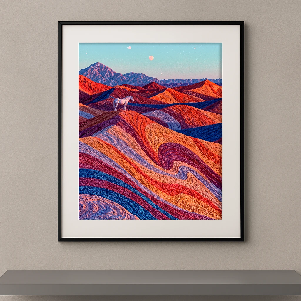 Le Cheval des Dunes Chromatiques, cheval blanc solitaire dans un désert rouge orange violet et bleu