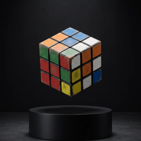 Cube iconique flottant au-dessus d'un socle noir dans une mise en scène minimaliste inspirée du cinéma.
