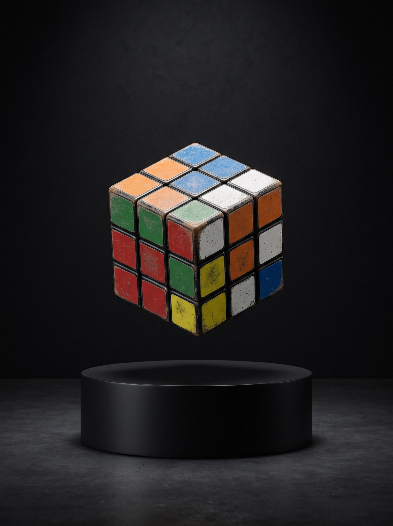 Cube iconique flottant au-dessus d'un socle noir dans une mise en scène minimaliste inspirée du cinéma.