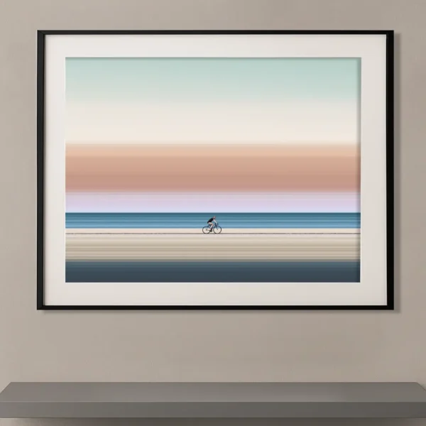 Lignes horizon cycliste silhouette vélo bandes pastel pêche — Graphic Avenue