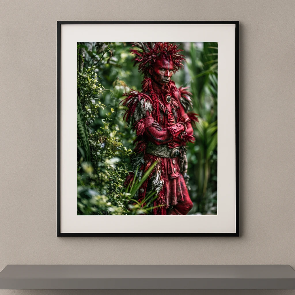 Portrait Fine Art d'un homme aux peintures corporelles rouges portant une coiffe végétale et des ornements tribaux au cœur de la jungle, collection Corps Peints de Graphic Avenue.