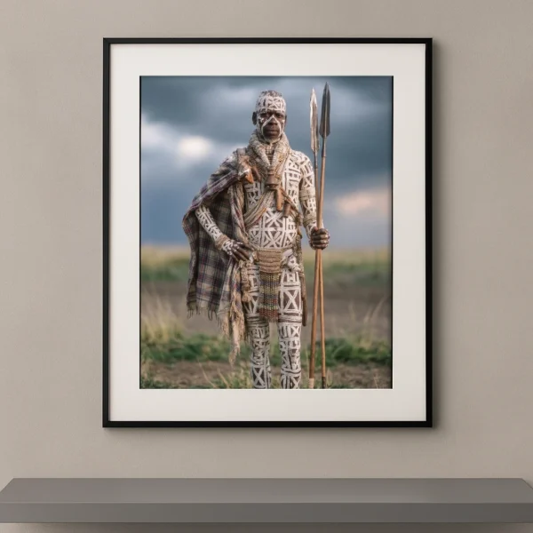 Portrait Fine Art d'un guerrier aux peintures corporelles géométriques blanches portant des lances traditionnelles, collection Corps Peints de Graphic Avenue.