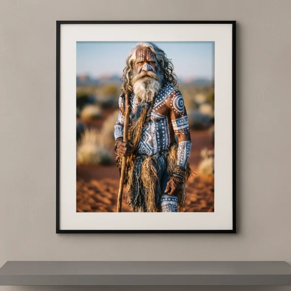 Portrait Fine Art d'un homme âgé recouvert de peintures corporelles blanches et de motifs géométriques, collection Corps Peints de Graphic Avenue.