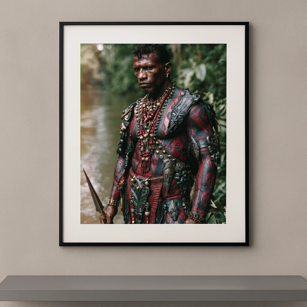 Portrait Fine Art d'un guerrier recouvert de peintures corporelles rouges et de motifs tribaux, collection Corps Peints de Graphic Avenue.