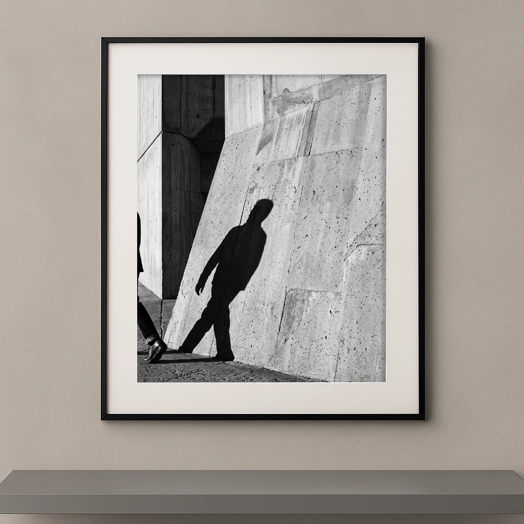 Tableau noir et blanc d’une ombre humaine projetée sur un mur de béton