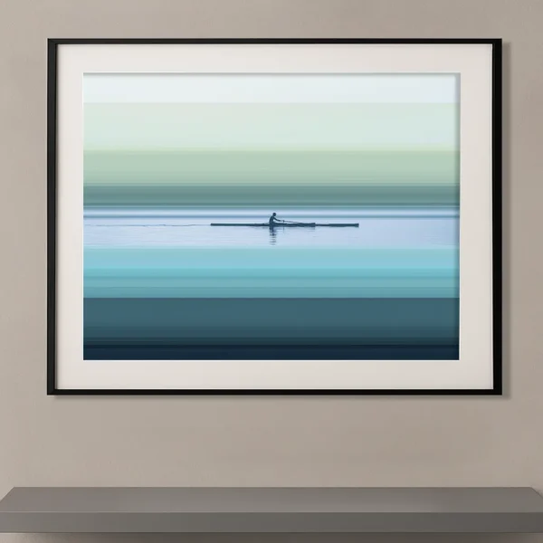 Lignes horizon rameur silhouette aviron bandes turquoise lac — Graphic Avenue