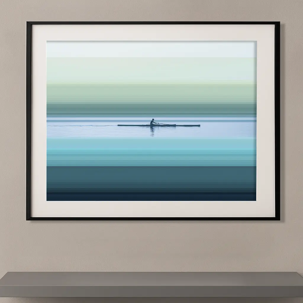 Lignes horizon rameur silhouette aviron bandes turquoise lac — Graphic Avenue