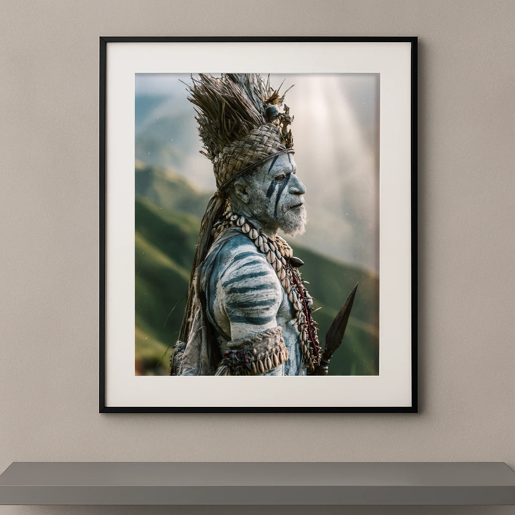 Portrait Fine Art d'un ancien guerrier aux peintures corporelles blanches portant une coiffe traditionnelle dans un paysage montagneux, collection Corps Peints de Graphic Avenue.