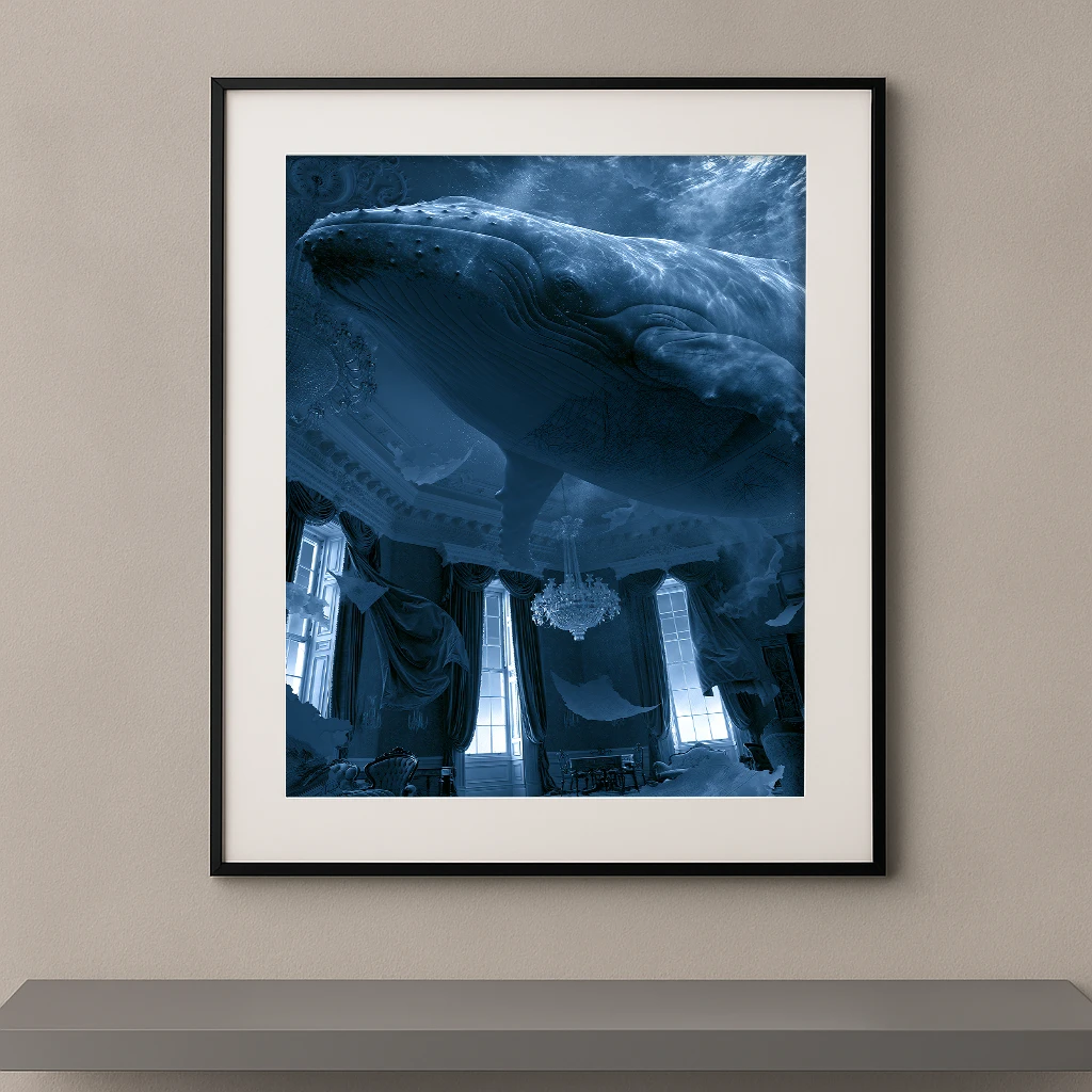 Le Salon des Profondeurs, baleine monumentale nageant au-dessus d’un salon ancien immergé dans un univers sous-marin