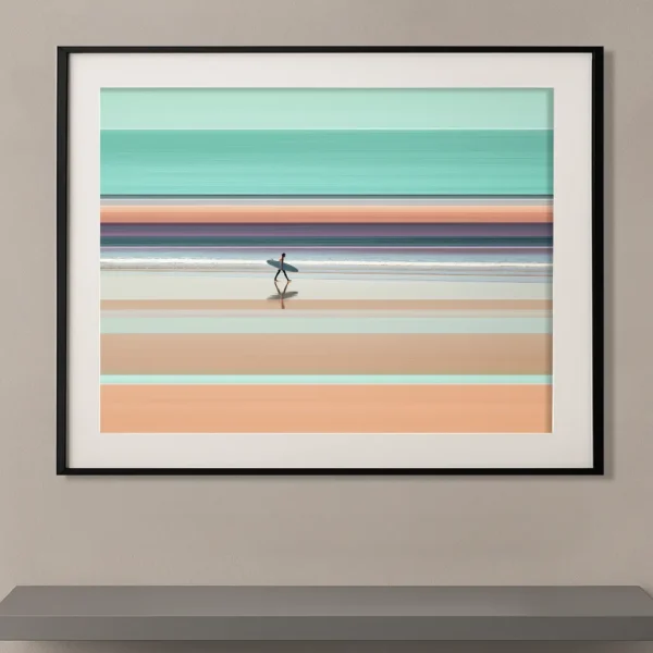Lignes horizon surfeur silhouette planche bandes turquoise sable plage — Graphic Avenue