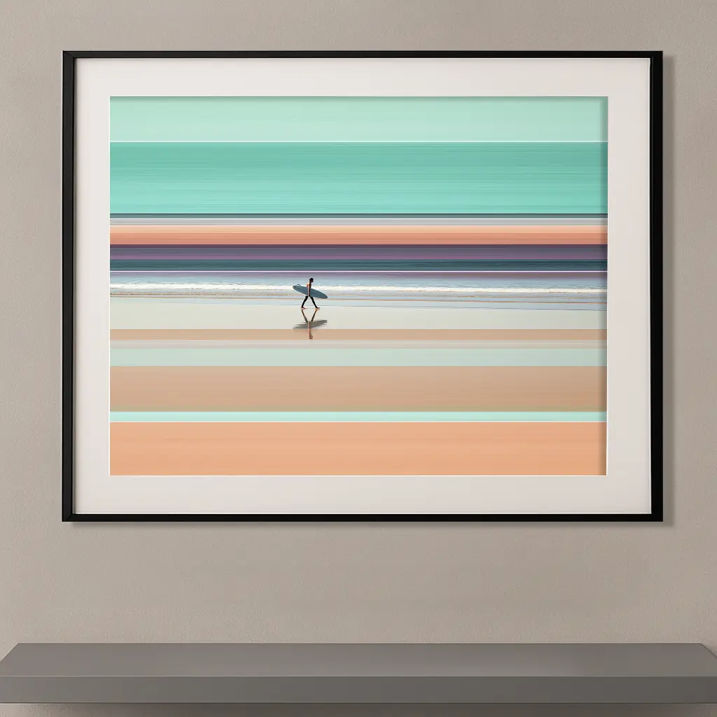 Lignes horizon surfeur silhouette planche bandes turquoise sable plage — Graphic Avenue