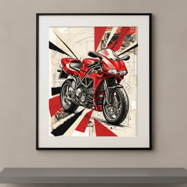 Tableau Légende Rouge représentant une Ducati 916 dans une composition graphique mêlant plans techniques, collages contemporains et design italien.