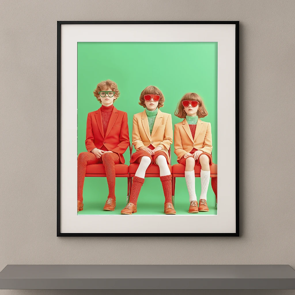 Les Trois Sages, trois enfants habillés dans un style rétro orange et vert avec lunettes colorées