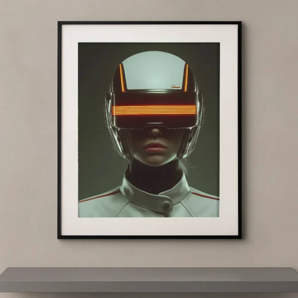 Ligne Horizon, portrait frontal d’une femme portant un casque futuriste traversé par une lumière orange