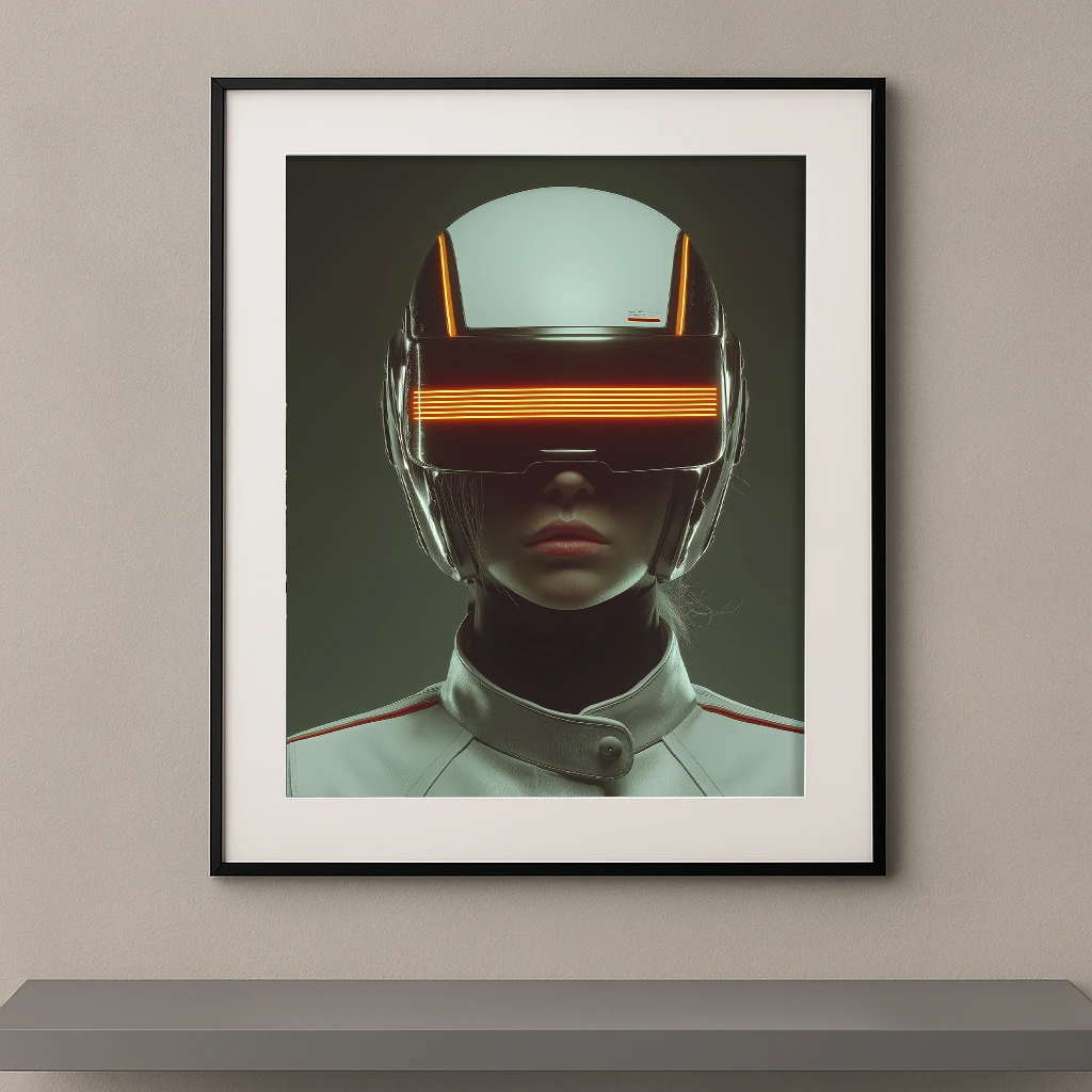 Ligne Horizon, portrait frontal d’une femme portant un casque futuriste traversé par une lumière orange
