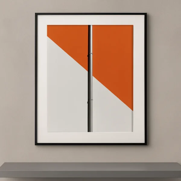 Tableau minimaliste représentant une descente d'eau verticale sur une façade blanche et orange dans une composition graphique contemporaine.