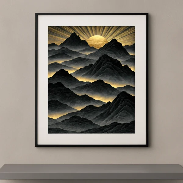 Tableau zen Lumière Intérieure représentant des montagnes noires enveloppées de brume sous un soleil doré, symbole de sérénité, d'élévation spirituelle et d'équilibre.