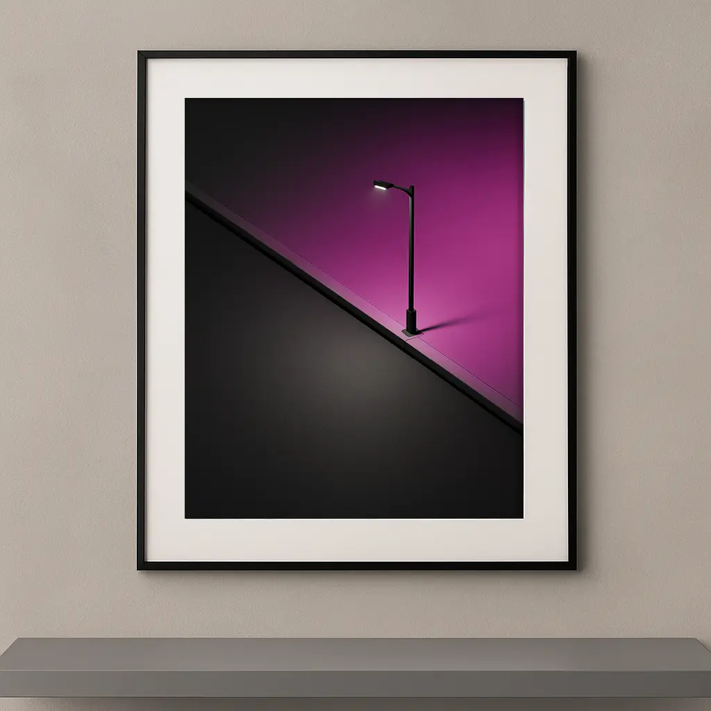 Tableau minimaliste contemporain représentant un lampadaire solitaire éclairé sur un fond noir et violet avec une composition architecturale graphique.