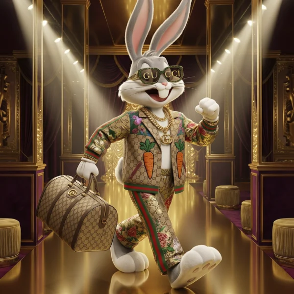 Luxury Rabbit – Golden Couture, lapin pop luxe dans un décor doré spectaculaire, art mural premium