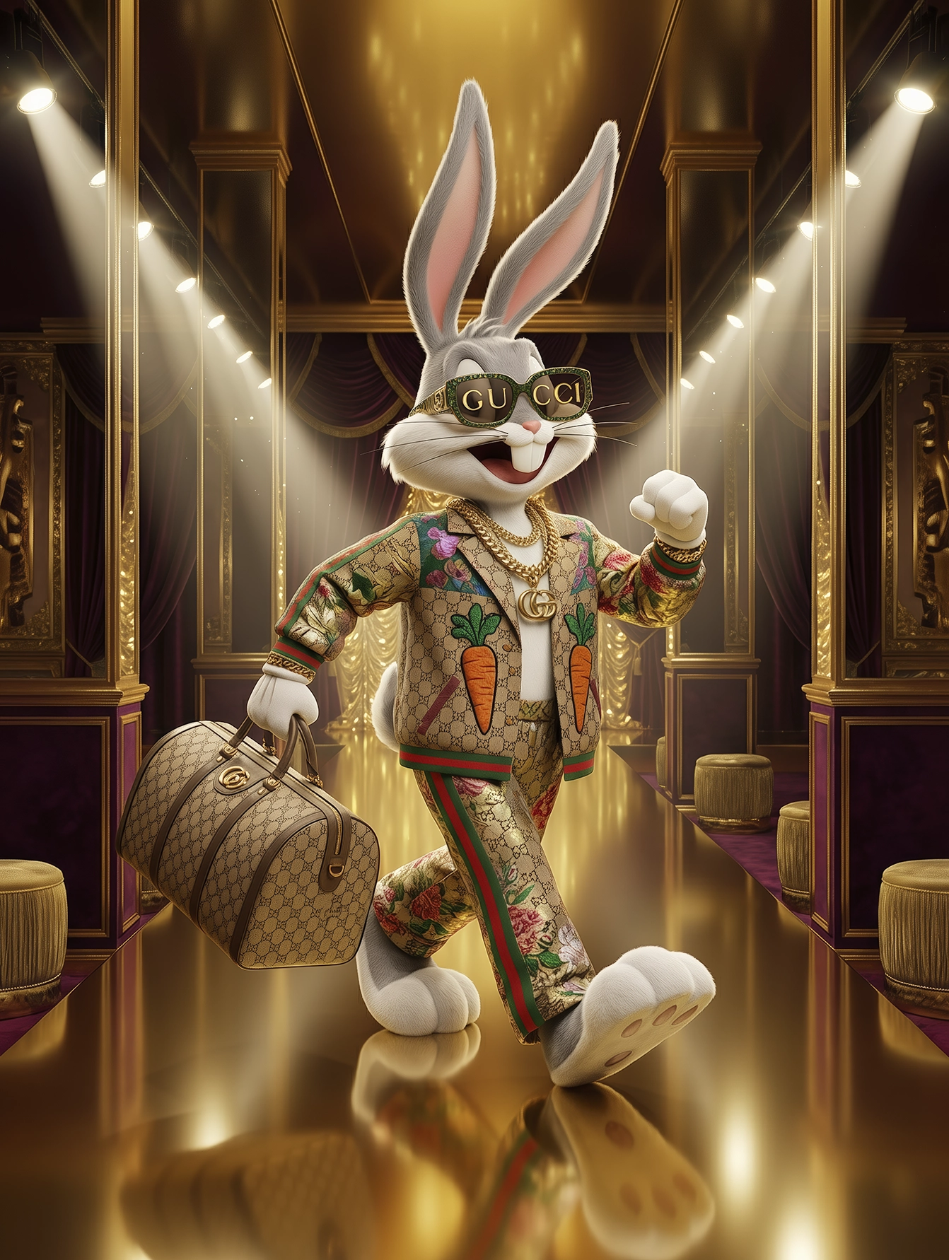 Luxury Rabbit – Golden Couture, lapin pop luxe dans un décor doré spectaculaire, art mural premium